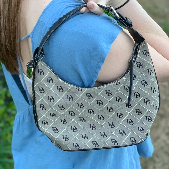 Dooney & Burke leather trim shoulder handbag, black/grey, vintage - Picture 2 of 9